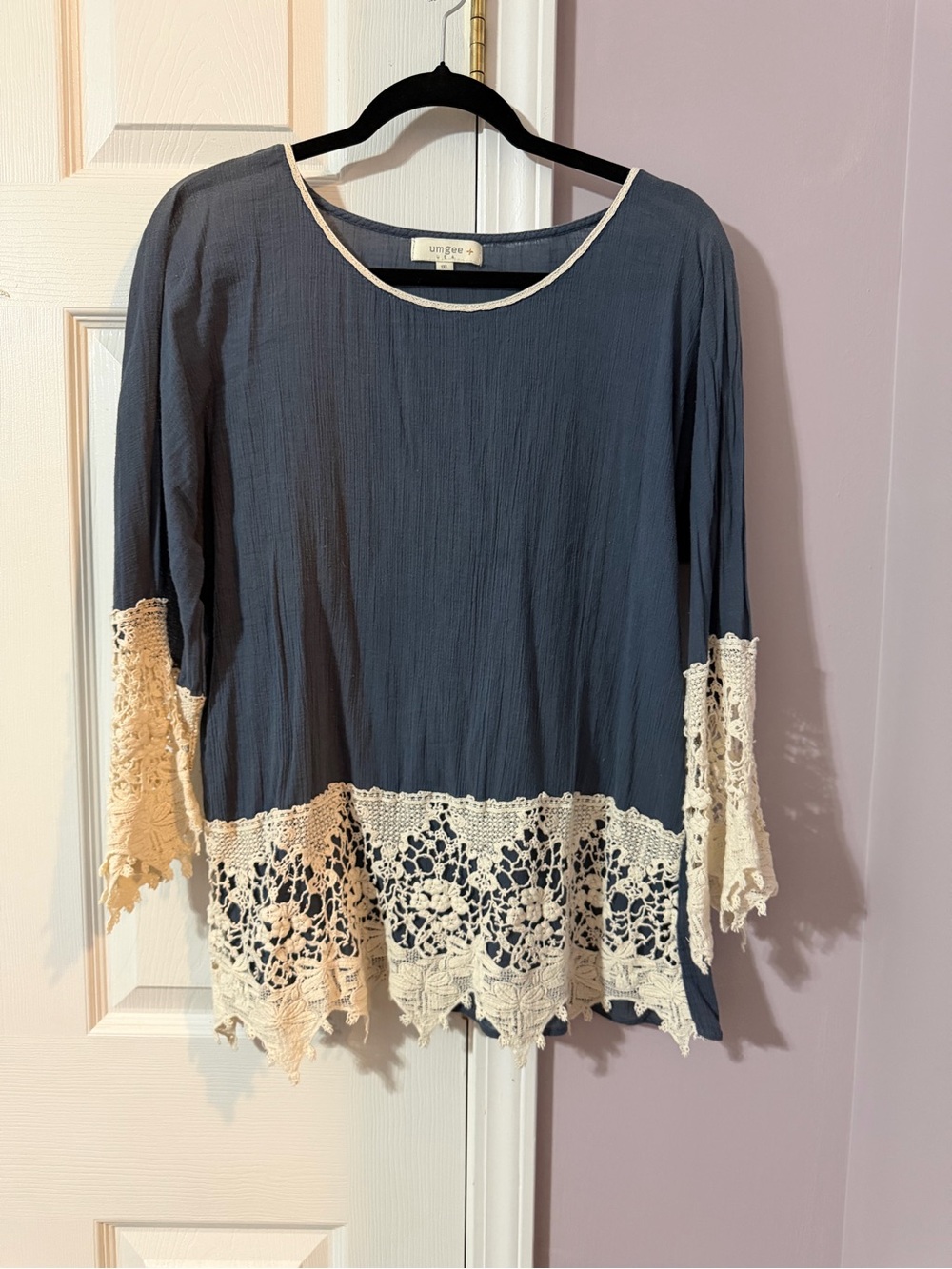 Umgee Slate Blue Peasant Top with Cream Crochet Trim